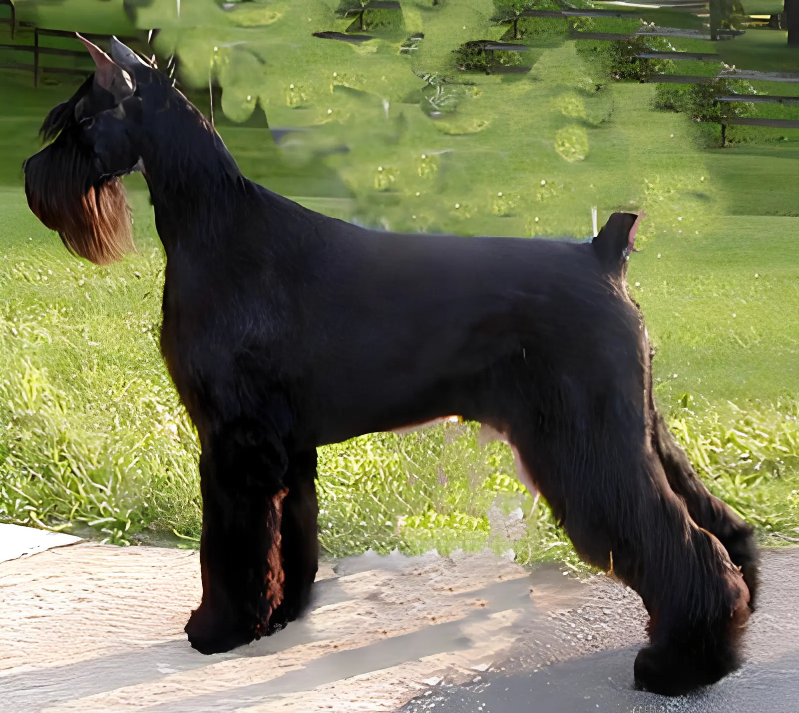 Black dog standing on a sunny path.