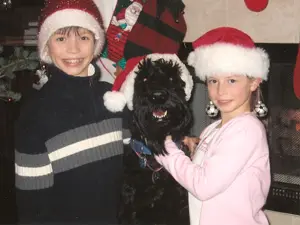 Kids with dog celebrating Christmas