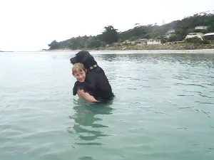 Man holding black dog in ocean