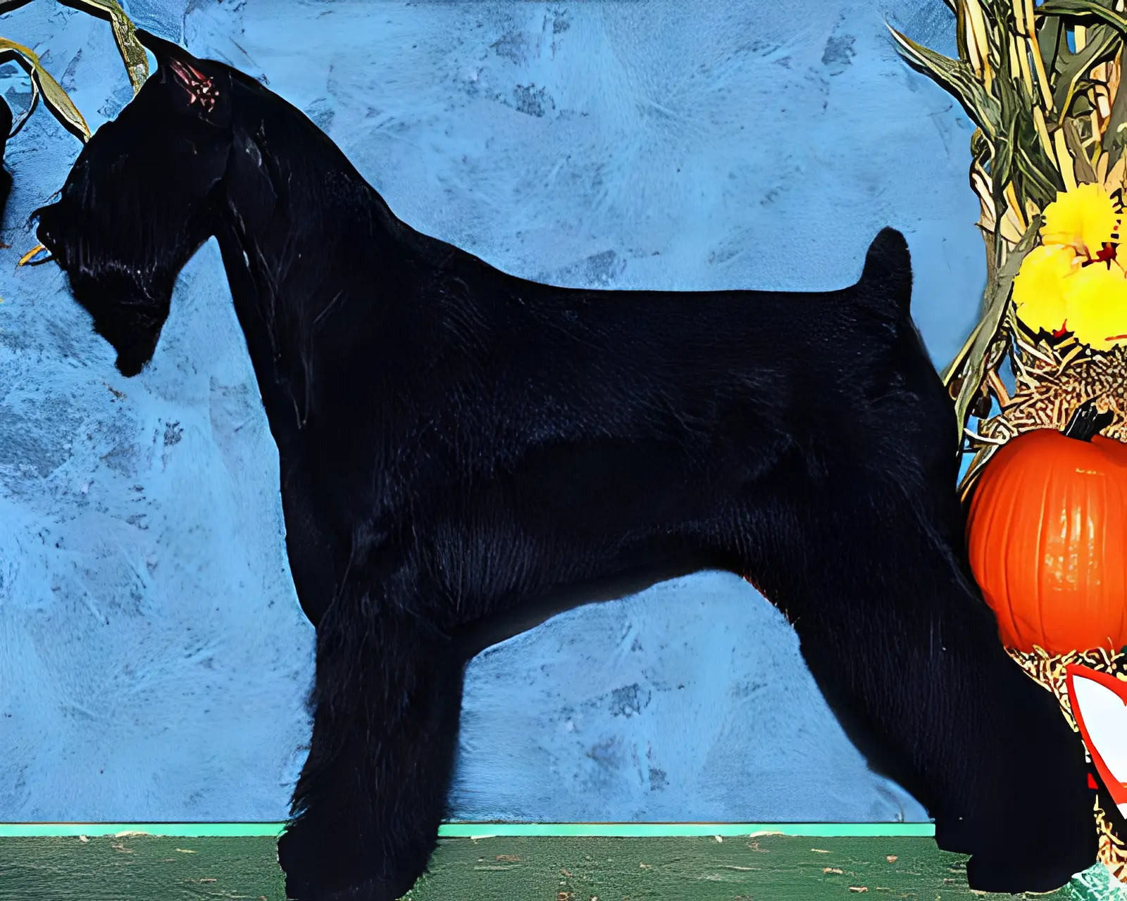 Black dog standing against blue background