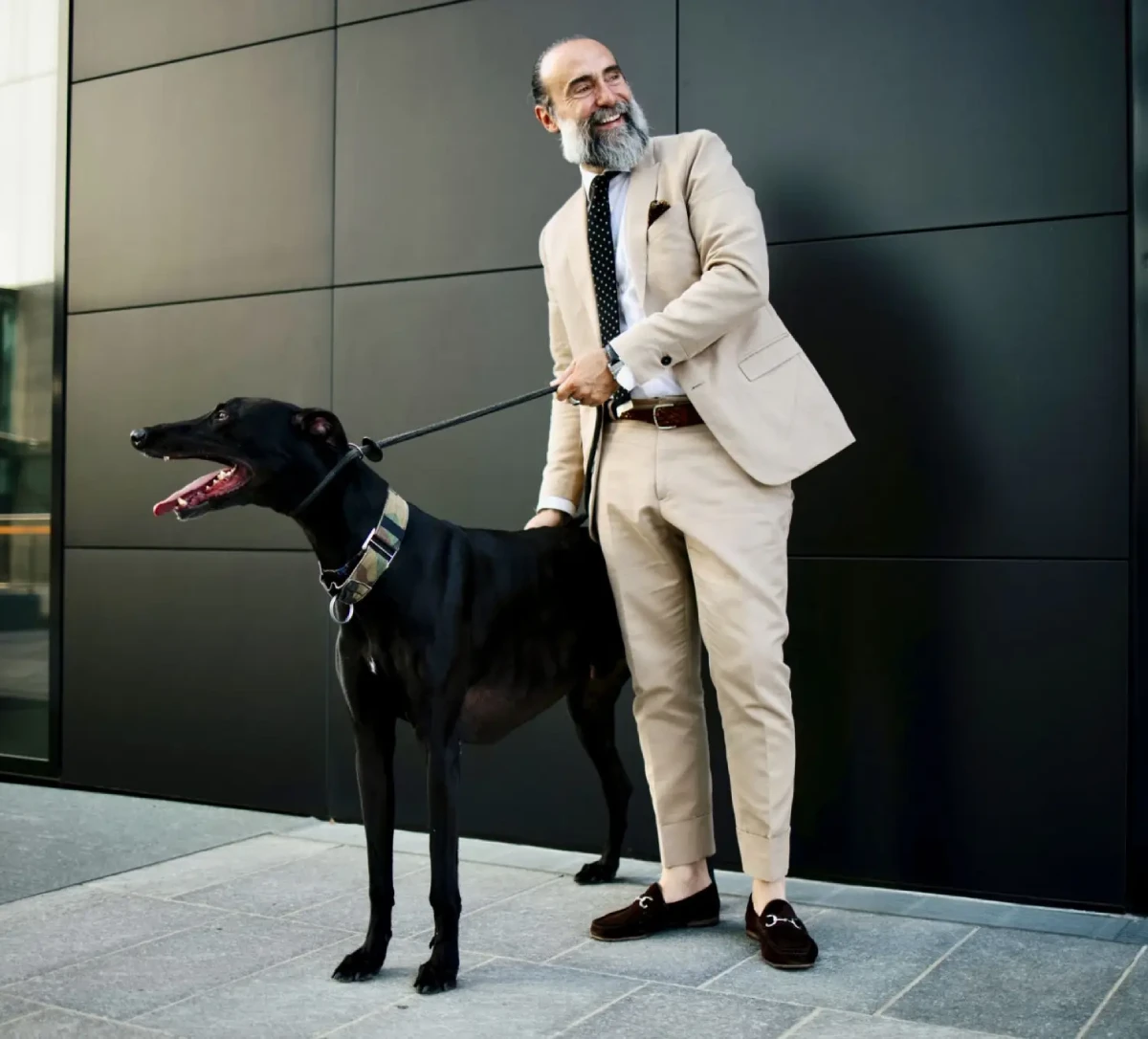 Stylish man walking large black dog